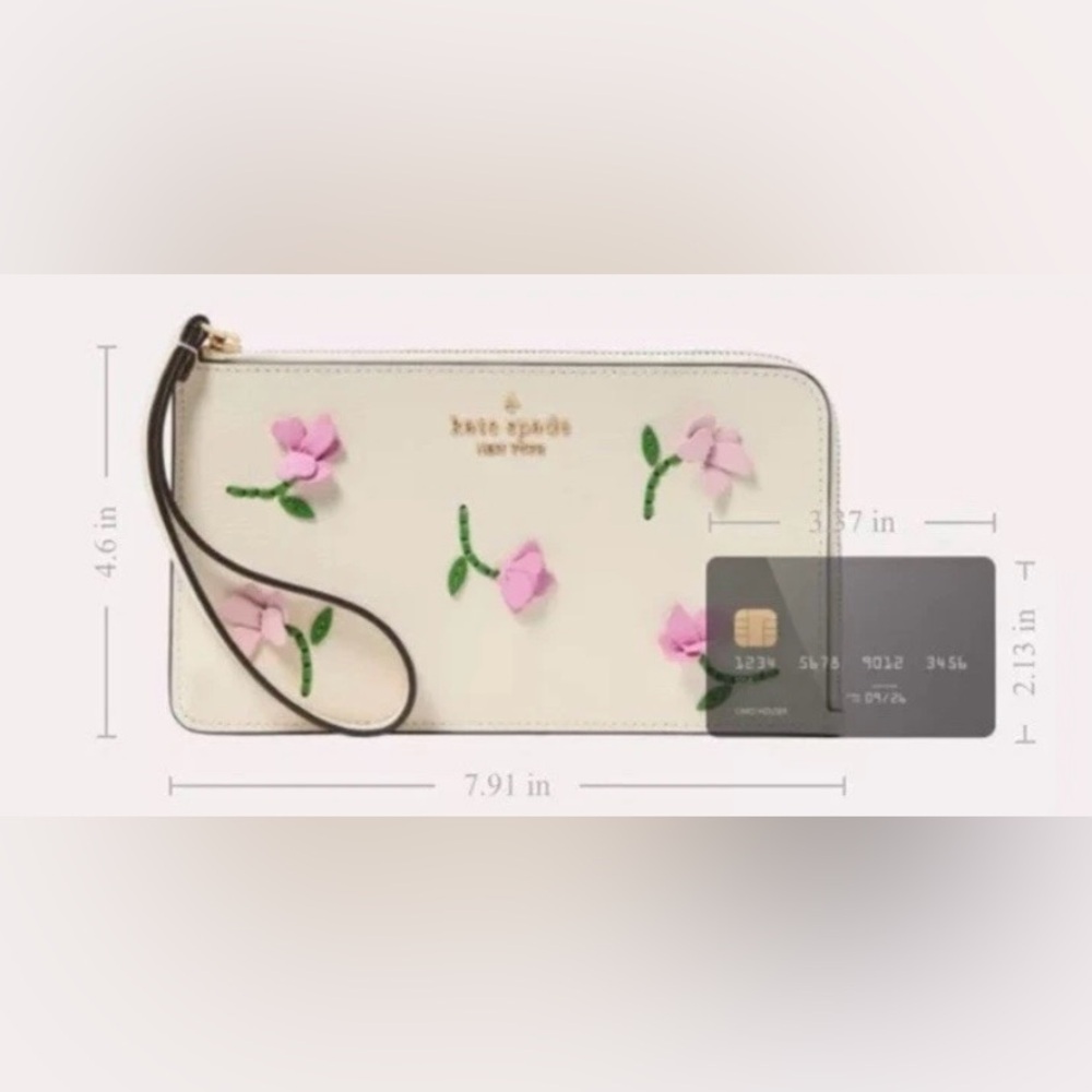 Kate Spade Floral Flowers Appliqué L-Zip Wallet Wristlet - Picture 3 of 7